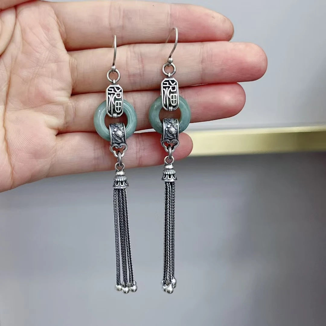 Langyan 925 Sterling Silver Long Tassel Earrings for Women Chinese Style Emerald Agate Lucky Buckle Drop Earrings Jewelry Gift