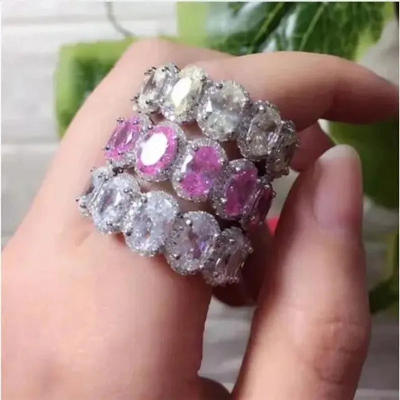 Lustre Eternity Band Ring 925 Sterling Silver Oval Lab Diamond Promise Wedding Rings for Women Party Jewelry