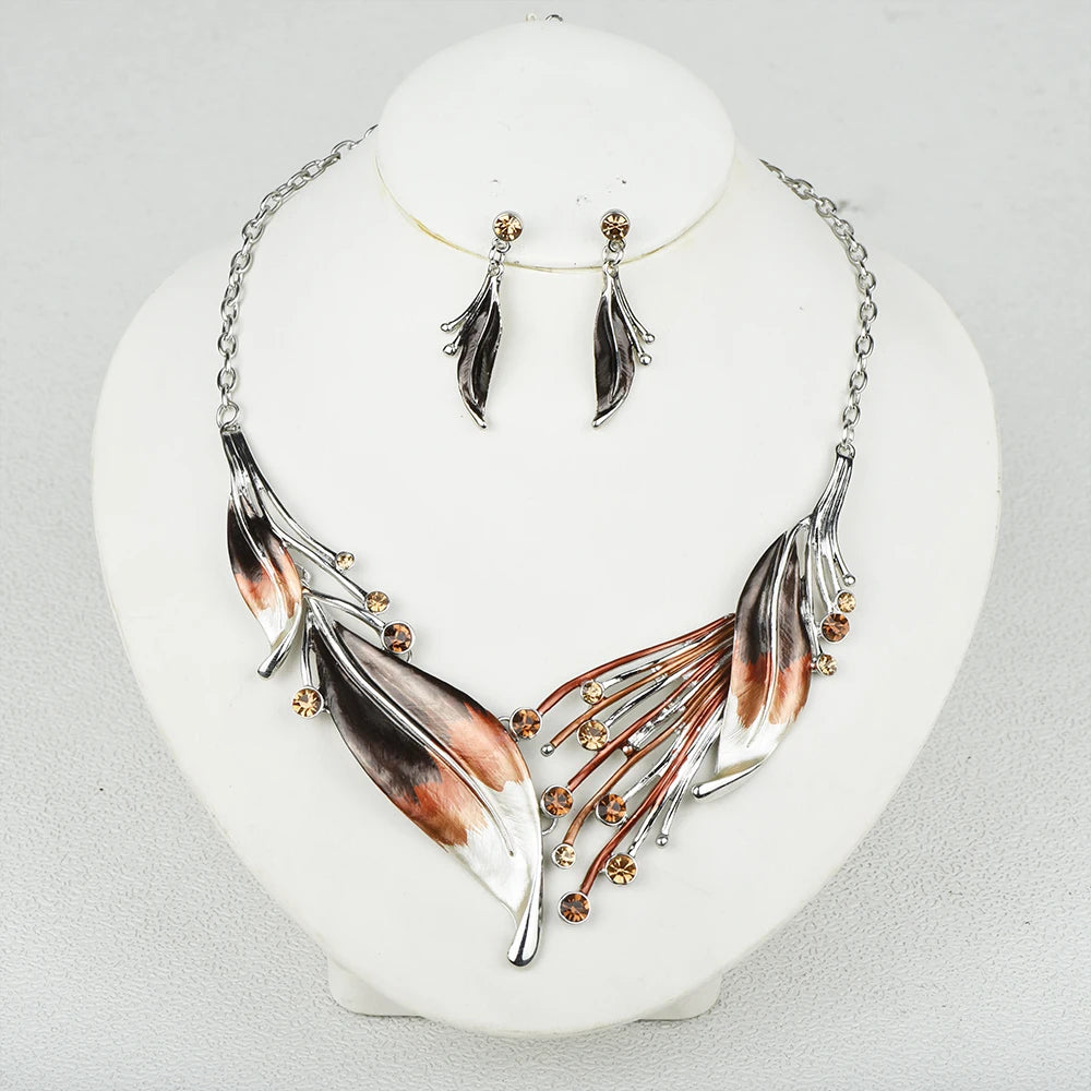 ICEYY Rhinestone Coffee Color Leaves Metal Choker Necklace Earrings jewellery Woman Accesories