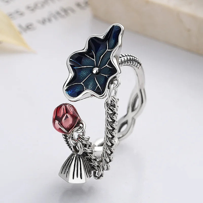 925 Sterling Silver Vintage Enamel Colored Lotus Leaf Charms Rings for Women Ethnic Style Chain Tassel Adjustable Open Ring