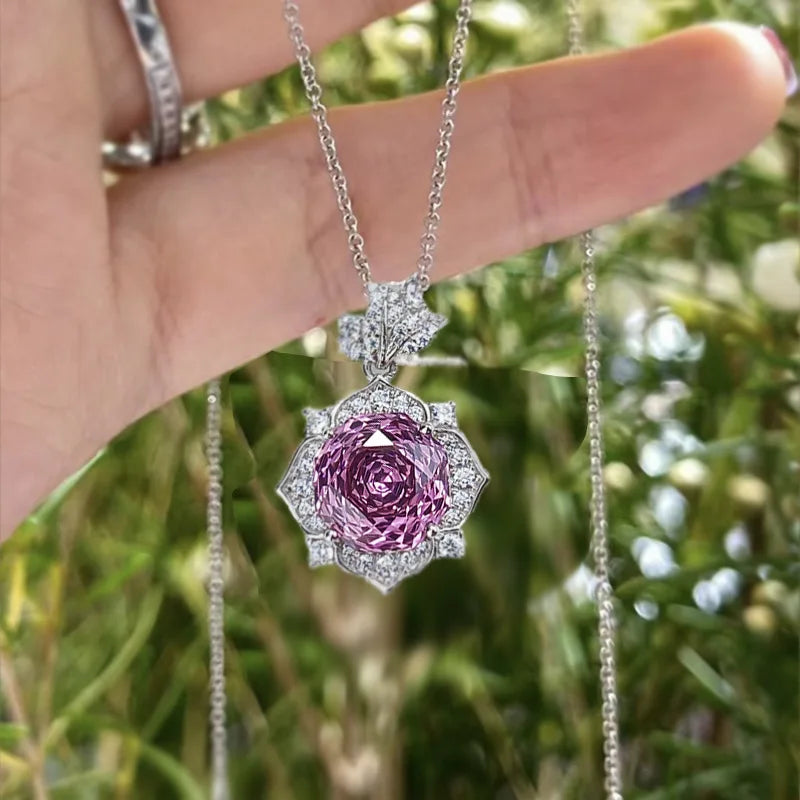 Romantic Rose Flower Lab Pink Diamond Pendant Real 925 Sterling Silver Wedding Chocker Necklace for Women Engagement Jewelry