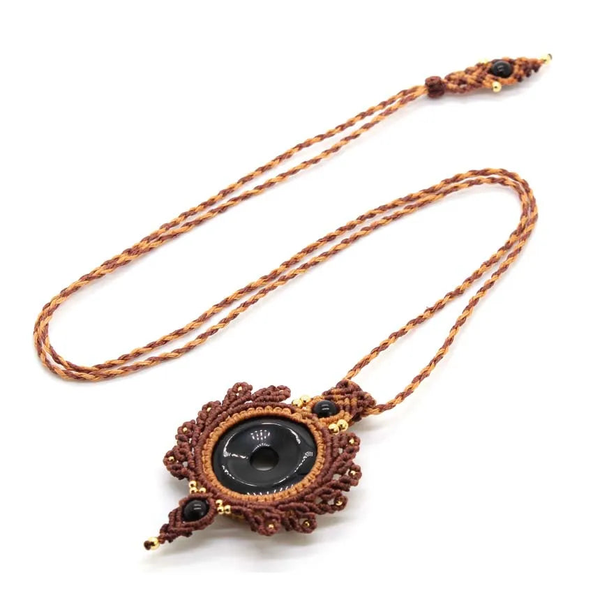 Macrame Crystal Braided Stone Pendant Necklace For Women Natural Amethyst Black Agate Opal Handmade Thread Weave Chain Jewellery