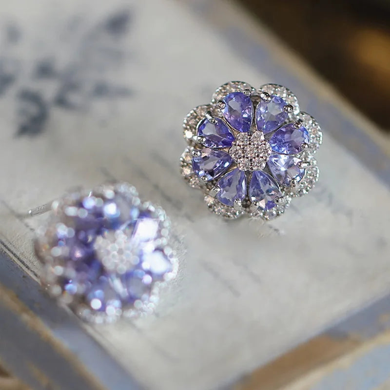 Luxury Fashion 925 Sterling Silver Natural Tanzanite Flower Ear Stud Daisy Rose Floral Semi-precious Gemstone Earring Fine Jewel