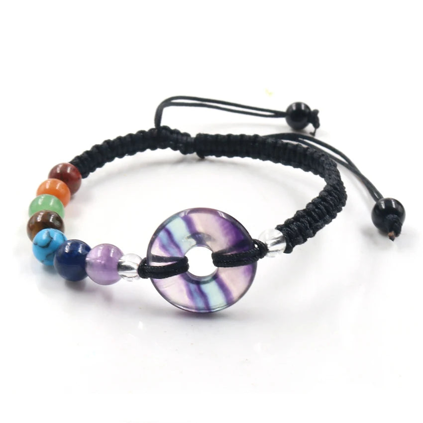 Round Hollow Fluorite Stone with Many Colors Beads Elastic Bracelet Handmade Weave Healing Chakra Jewelry