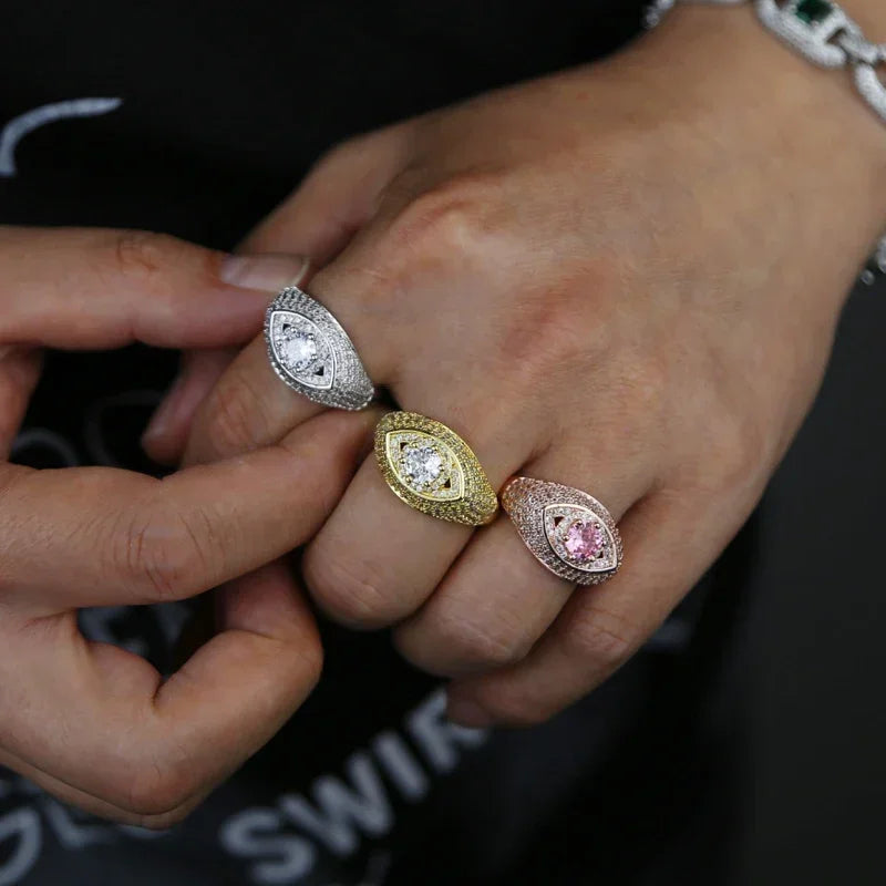 Drop Ship Geometric Micro Pave Bling 5A Cubic Zirconia Cz Turkish Lucky Lovely Evil Eye Engagement Band 3 Colors Rings