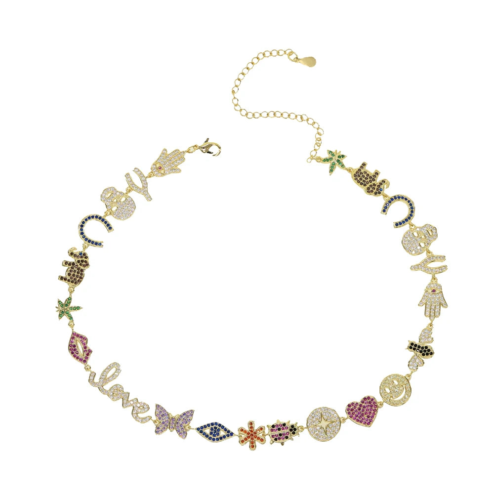 Luxury Women Fashion jewelry Micro pave colorful cz lucky charm link chain cute animal eye statement necklace