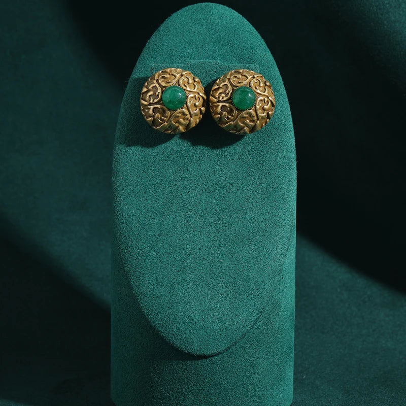 ﻿ Vintage Round Green Glaze Earrings Woman Pattern Retro Antique Gold Color Luxury Quality Designer Gift Wedding New 2025