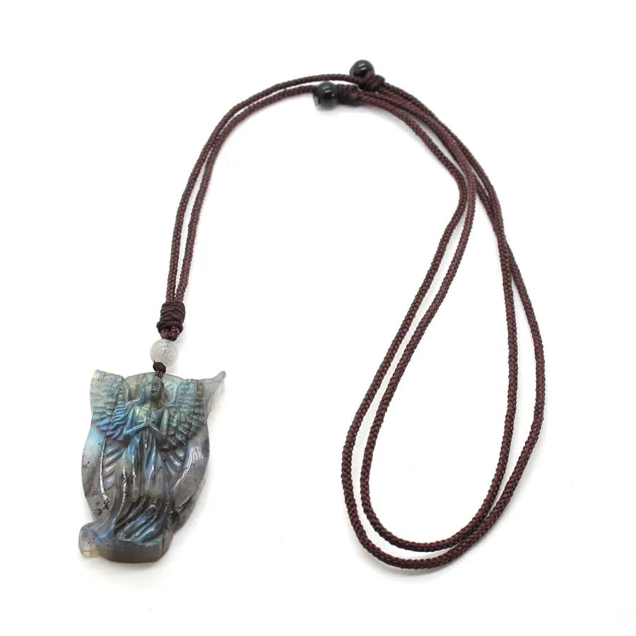 Natural Labradorite Stone Carved Angel Pendant Necklace For Women Flash Spectrolite Stone Adjustable Chain Necklaces Man Jewelry