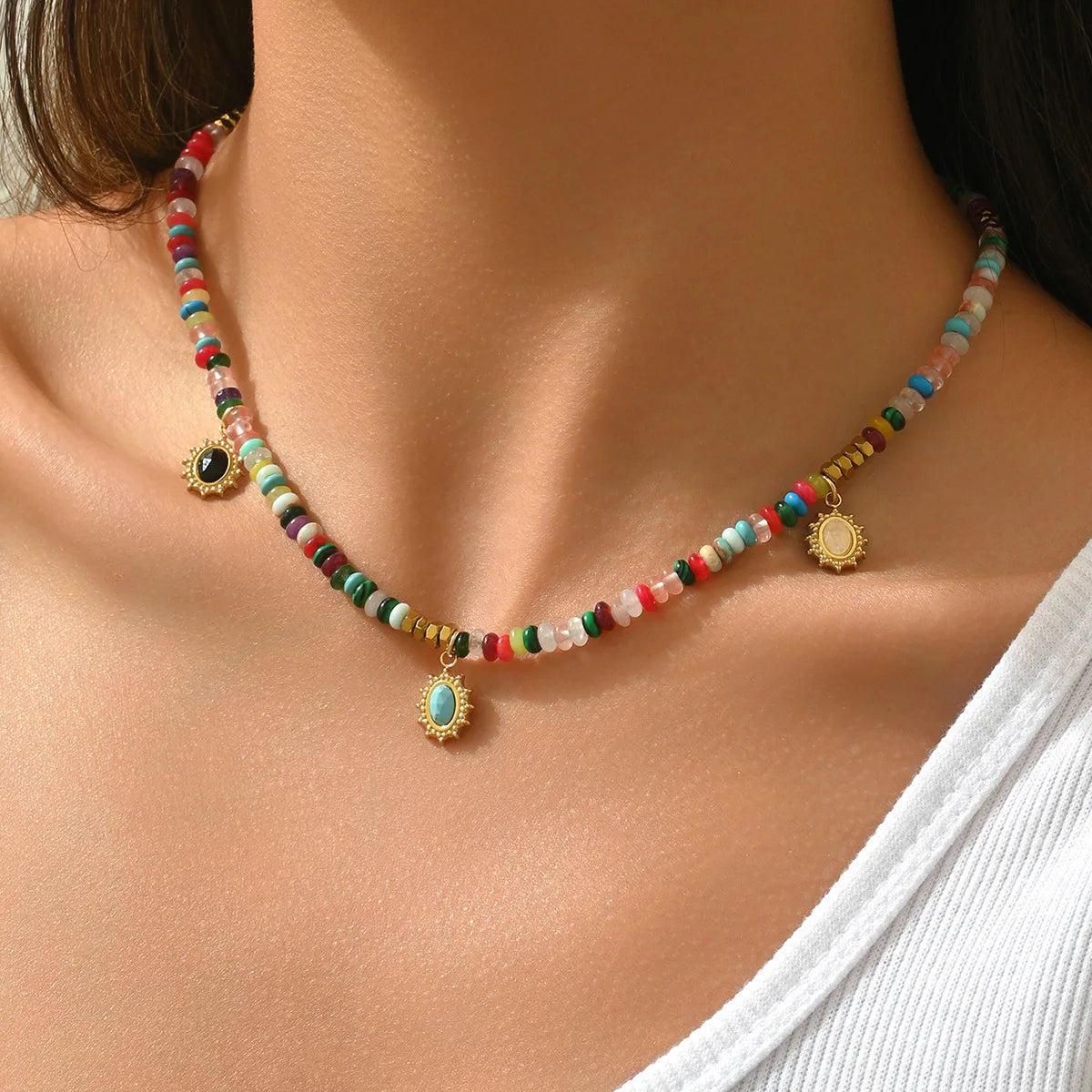 DIY Handmade Colorful Bead with Stone Pendant Necklace For Women Girls Bohemia Chain Choker Jewelry Birthday Party Gift