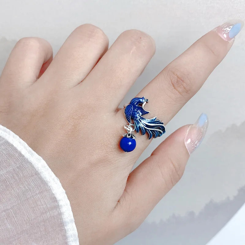 925 Sterling Silver Blue Phoenix Tassel Ring Retro Vintage Lapis Lazuli Bead Bird Adjustable Rings Chinese Style Women Jewelry