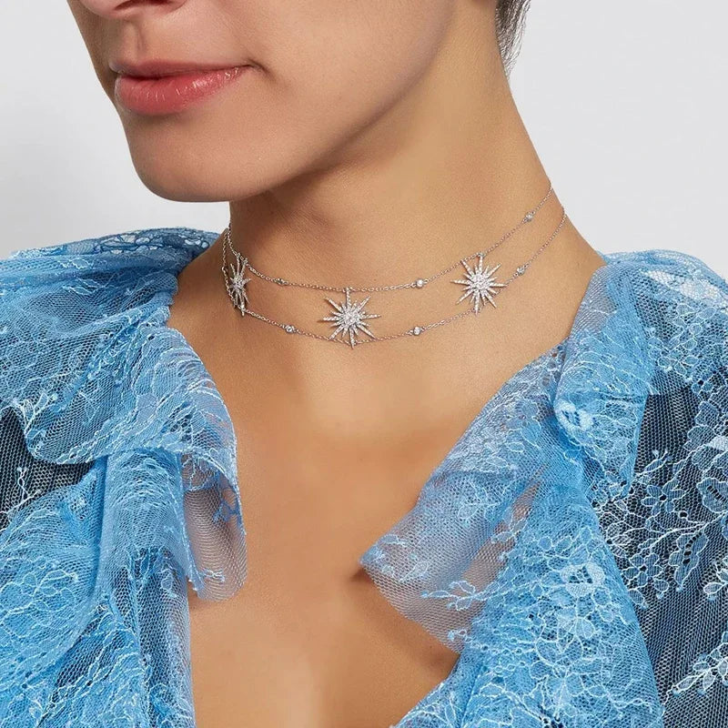 2025 Luxury New Arrived White Cz Paved 3pcs North Star Charm Choker Necklaces For Women Girl Gorgeous Delicate Luxury Jewelry